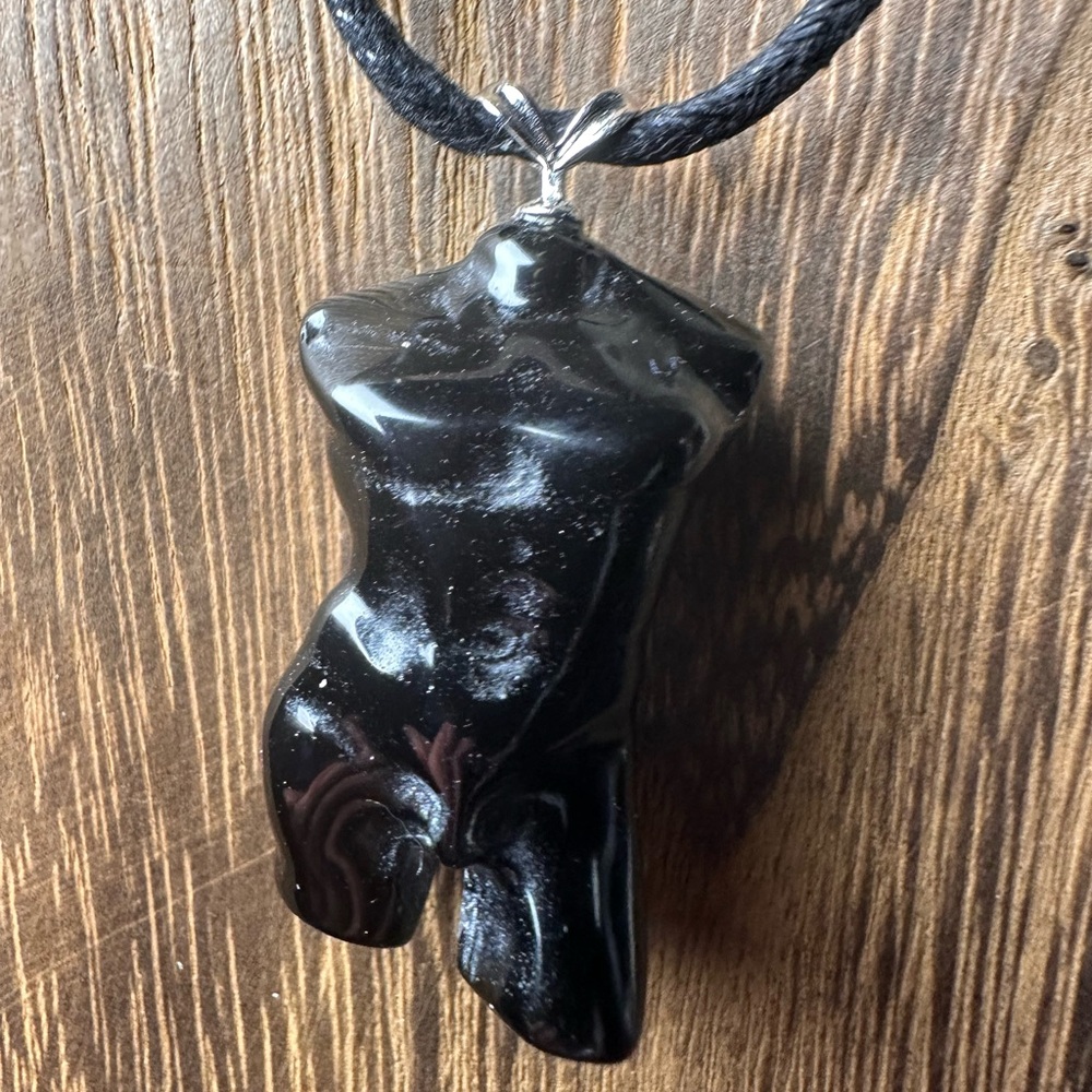 Black Obsidian Male Body Pendant Necklace on Black Rope, Sterling Silver Clasp - Picture 6 of 10